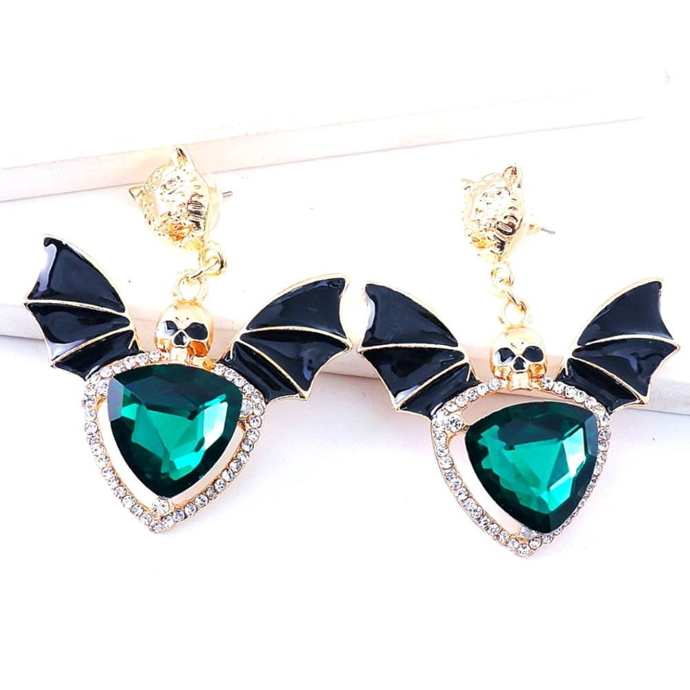 Emerald Crystal Bat Heart Goth Lion Drop Earrings